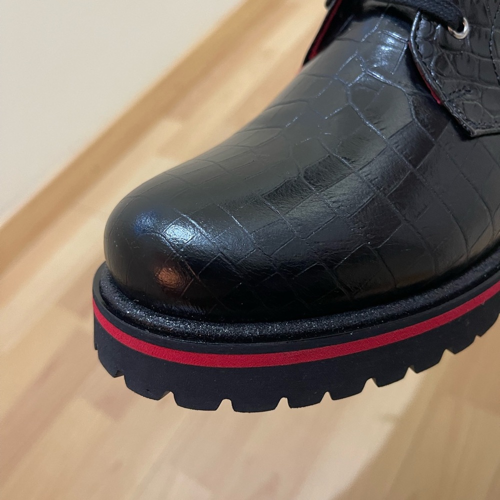 Stunning Black Crocodile Pattern Women's Combat Boots with Red Accents. - Picture 4 of 11